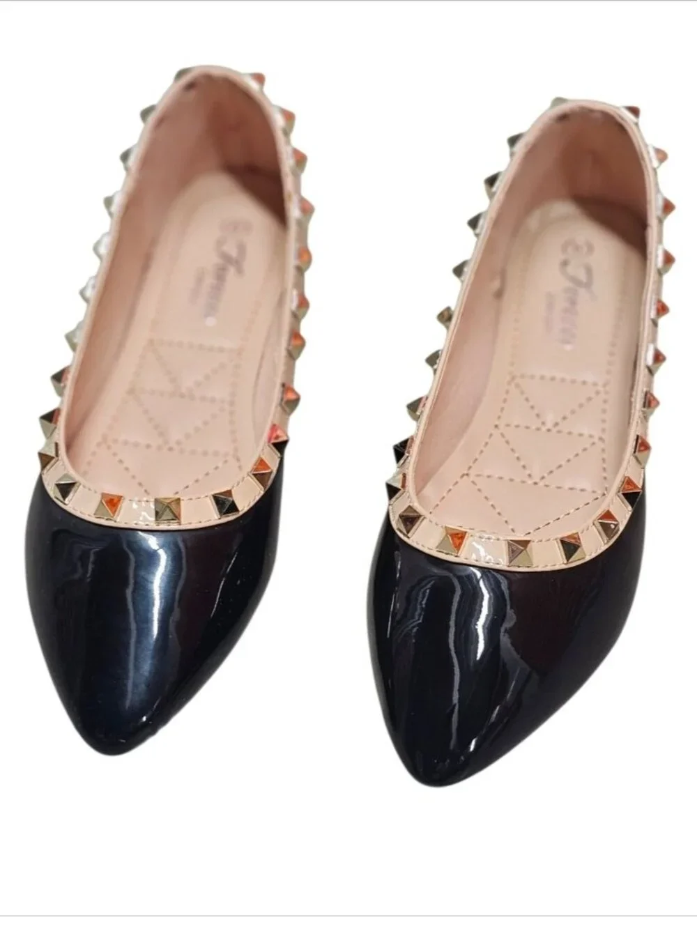 Black Patent Pointed Toe Flats With Gold Studded Trim